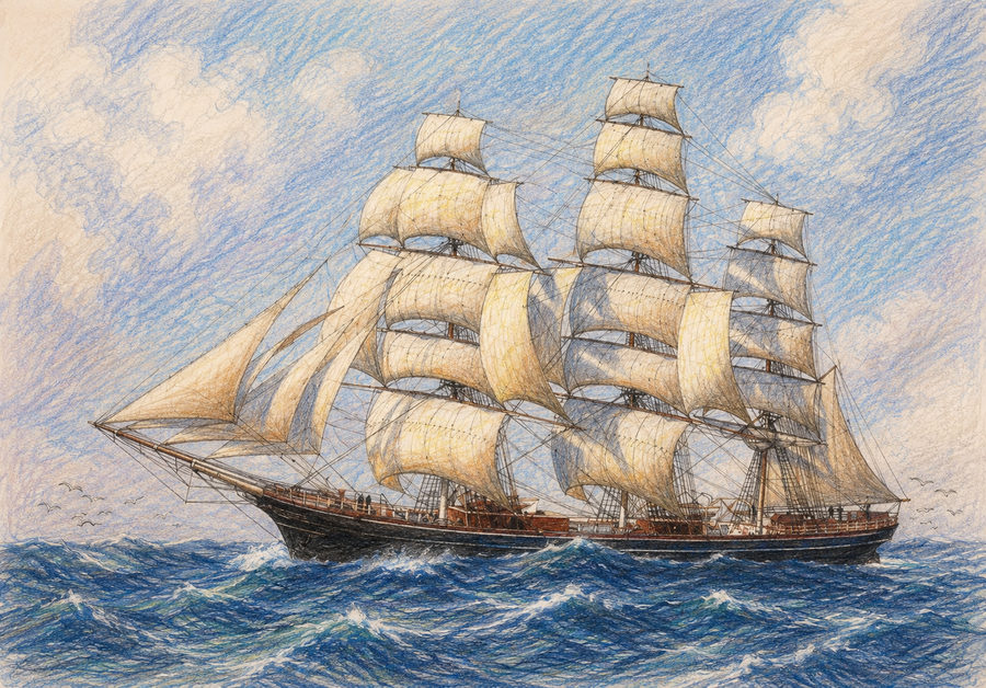 Velero con cuerdas y velas de cáñamo